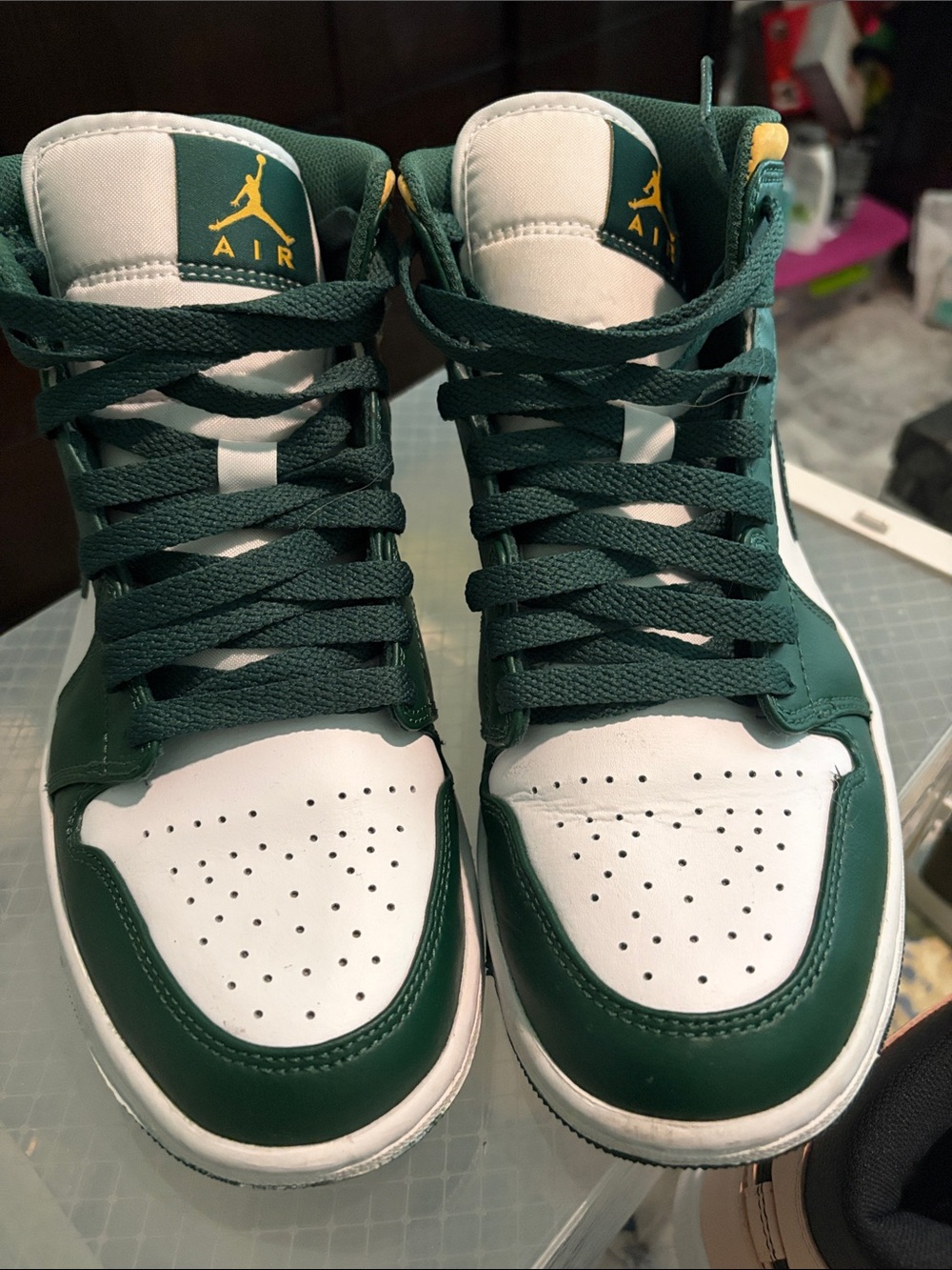 Jordan High-Top Sneakers in White and Dark Green with Gold Logo